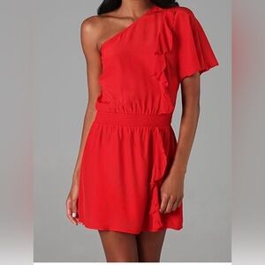 Parker Red Silk One Shoulder Ruffle Dress